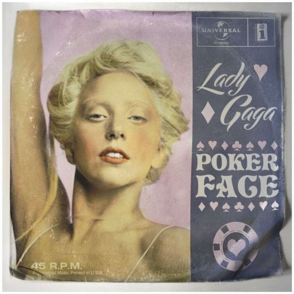 Lady Gaga - "Grâce à une de ses rares photos sans maquillage outrancier, Lady Gaga a été transformée en vraie diva. Elle a ici l'apparence d'une grande chanteuse de ballades dans la même veine que Connie Francis". - Robert Penney  Lady Gaga - <em>Poker Face</em> (1957) Single - 45 tours