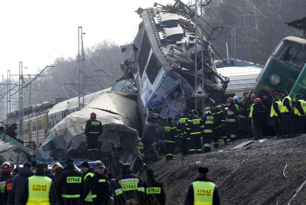 Le 3 mars 2012 en Pologne - 16 morts et 58 blessés après la collision et le déraillement de deux trains de passagers près de Szczekociny.