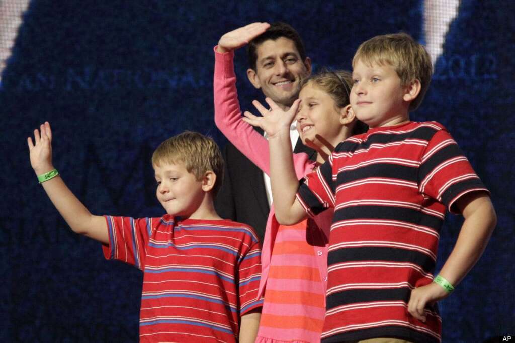 Paul Ryan, Sam Ryan, Liza Ryan, Charlie Ryan - CAPTION CORRECTION, CORRECTS ORDER OF CHILDREN'S NAMES TO SAM, LIZA AND CHARLIE, NOT CHARLIE, LIZA AND SAM - Republican vice presidential candidate, Rep. Paul Ryan, R-Wis., smiles at his children, from left, Sam, Liza, and Charlie, during a walk through ahead of his delivering a speech at the Republican National Convention, Wednesday, Aug. 29, 2012, in Tampa, Fla. (AP Photo/Mary Altaffer)