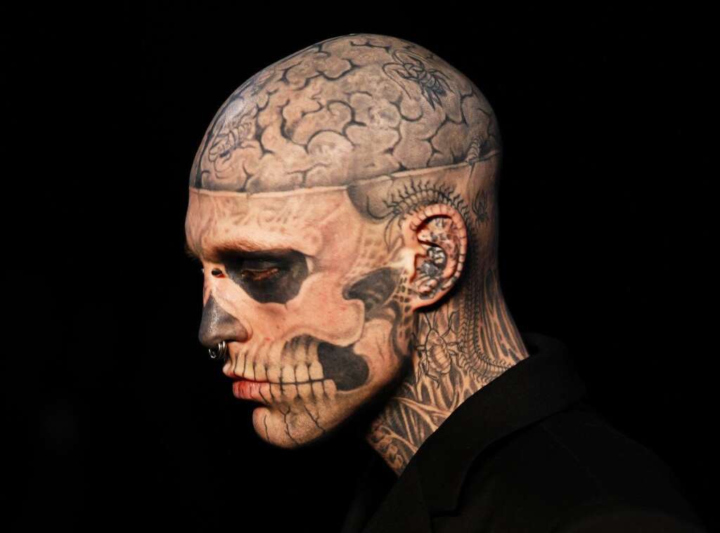 Les tatouages les plus difficiles à porter - Le modèle canadien Rick Genest alias Zombie boy lors de la présentation du créateur Thierry Mugler, janvier 2011.