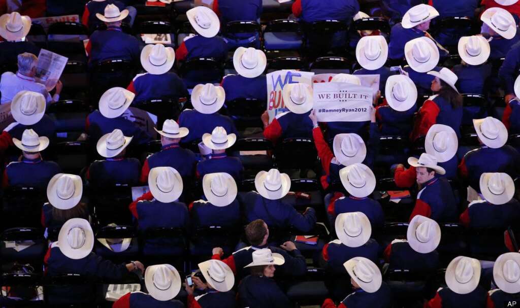 Texas delegates gather in the Tampa Bay Times Forum during the Republican National Convention in Tampa, Fla., on Tuesday, Aug. 28, 2012. (AP Photo/Jae C. Hong)