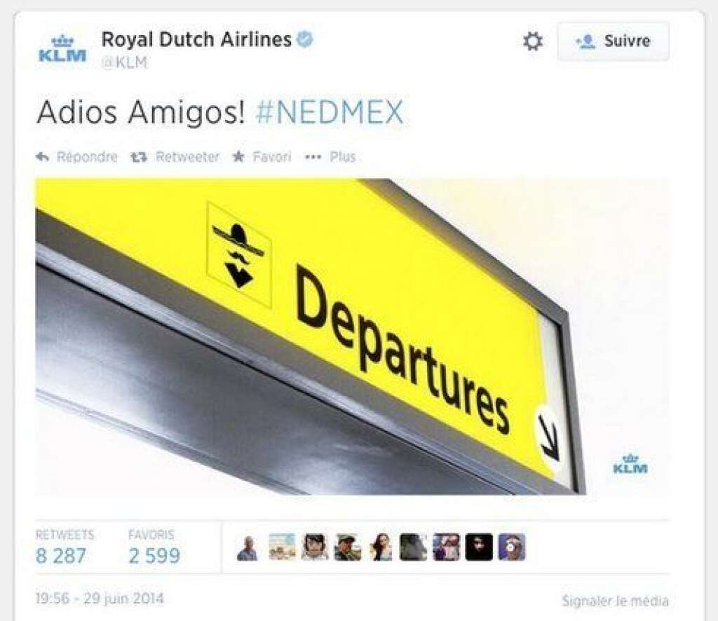 Le Mexicain de KLM - La compagnie aérienne néerlandaise KLM a effacé un message publié sur Twitter dimanche 29 juin, sous la pression des usagers du réseau social. Le message représentait un panneau d'affichage aéroportuaire "Départs" suivi d'un sombrero, d'une moustache et d'un poncho. <a href="http://www.huffingtonpost.fr/2014/06/30/mexique-pays-bas-klm-polemique-twitter_n_5542606.html" target="_blank">Cliquez ici pour en savoir plus</a>