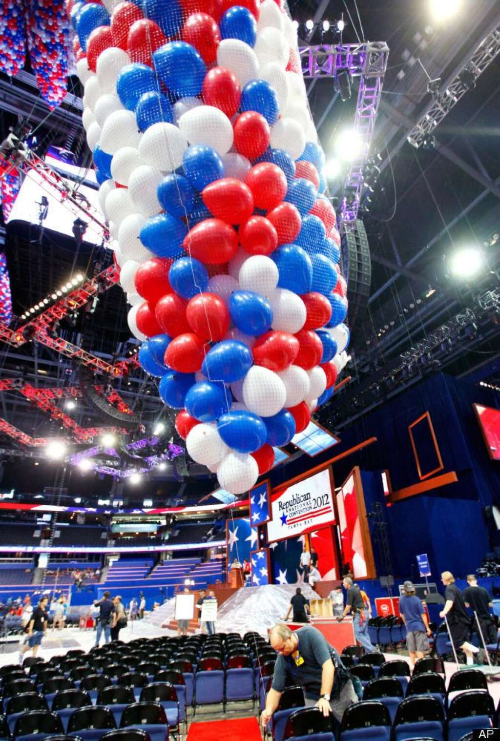 Riggers load nets full of balloons for the Republican National Convention festivities inside the Tampa Bay Times Forum, Friday, Aug. 24, 2012, in Tampa, Fla. (AP Photo/J. Scott Applewhite)