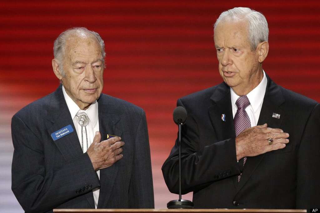 Tim Babcock, Tom Hogan - Former Montana Gov. Tim Babcock, left, Tom Hogan (FL) lead the Pledge of Allegiance during the Republican National Convention in Tampa, Fla., on Tuesday, Aug. 28, 2012. (AP Photo/J. Scott Applewhite)    <em><strong>CORRECTION</strong>: A former version of this caption misstated Hogan's title.</em>