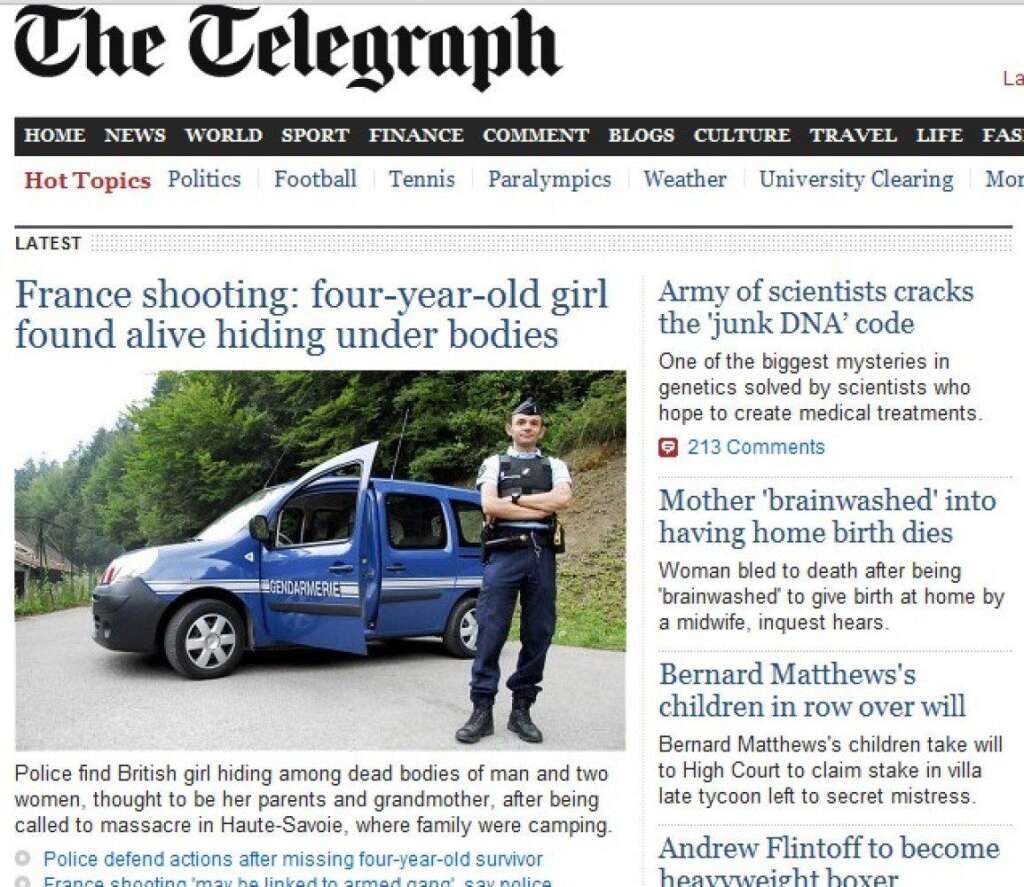 The Telegraph - "Tuerie en France: une fille de quatre ans trouvée vivante sous les corps"