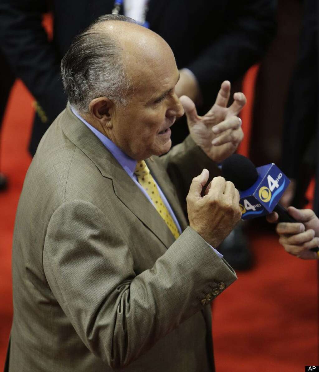 Former New York mayor Rudy Giuliani is interviewed on the convention floor before the Republican National Convention in Tampa, Fla., on Wednesday, Aug. 29, 2012. (AP Photo/Lynne Sladky)