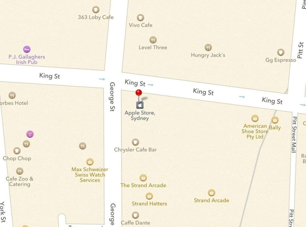 Lost Apple Store - In Australia, one Sydney Apple Store is listed on the wrong side of the road. Compared to other Apple Maps mistakes, this isn't too big of a deal -- but c'mon, it's the Apple Store.   From: <a href="http://www.huffingtonpost.co.uk/2012/09/20/apples-ios-6-maps-app-fails_n_1899603.html#slide=1546612" target="_hplink">Huffington Post UK </a>