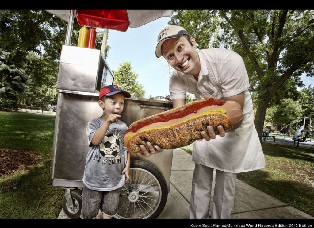Largest Hot Dog Commercially Available - The largest hot dog commercially available weighs seven pounds and and is available from Gorilla Tango Novelty Meats for $40.