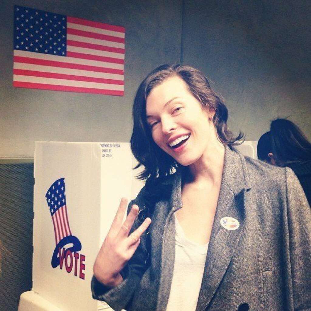 Milla Jovovich - <blockquote class="twitter-tweet"><p>Just voted!!! Feeling great! Representing for west side!! <a href="http://t.co/XbUfJZTr" title="http://instagr.am/p/RtbgkMTMnQ/">instagr.am/p/RtbgkMTMnQ/</a></p>— Milla Jovovich (@MillaJovovich) <a href="https://twitter.com/MillaJovovich/status/265988756199325698" data-datetime="2012-11-07T01:27:15+00:00">November 7, 2012</a></blockquote> <script src="//platform.twitter.com/widgets.js" charset="utf-8"></script>