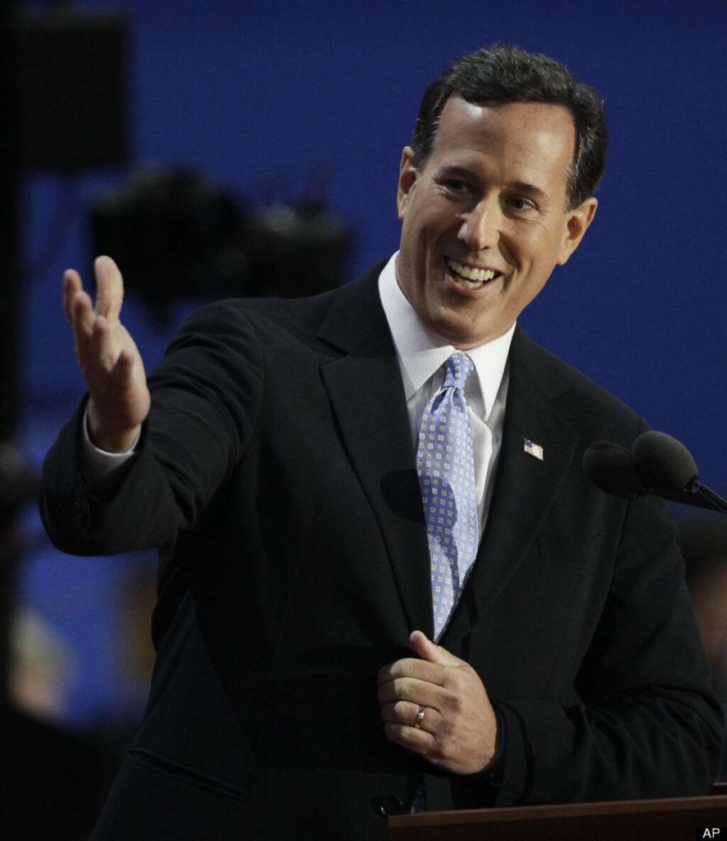Former Pennsylvania Senator Rick Santorum introduces his wife Karen during his speech during the Republican National Convention in Tampa, Fla., on Tuesday, Aug. 28, 2012. (AP Photo/Charlie Neibergall)