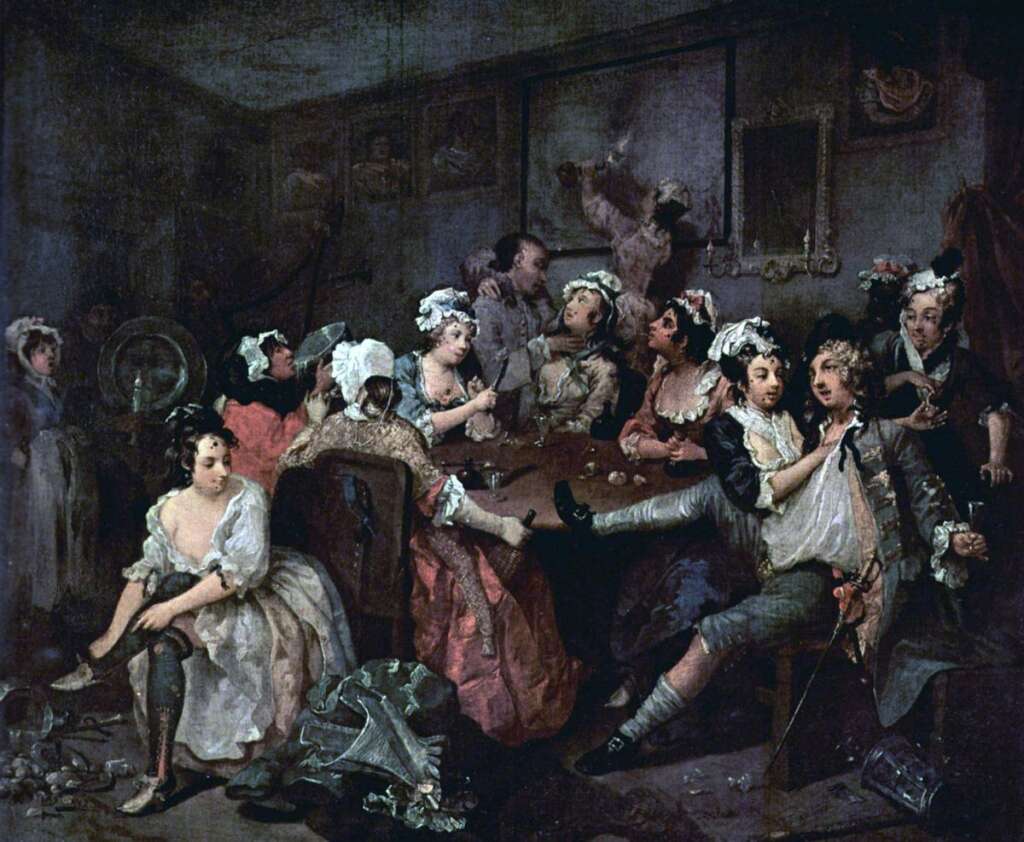 William Hogarth: A Rake's Progress - Plate 3: The Tavern Scene - William Hogarth: <em>A Rake's Progress</em> (la carrière d'un libertin)  Plate 3: The Tavern Scene (la scène de la taverne), huile sur toile, 62,5 × 75 cm