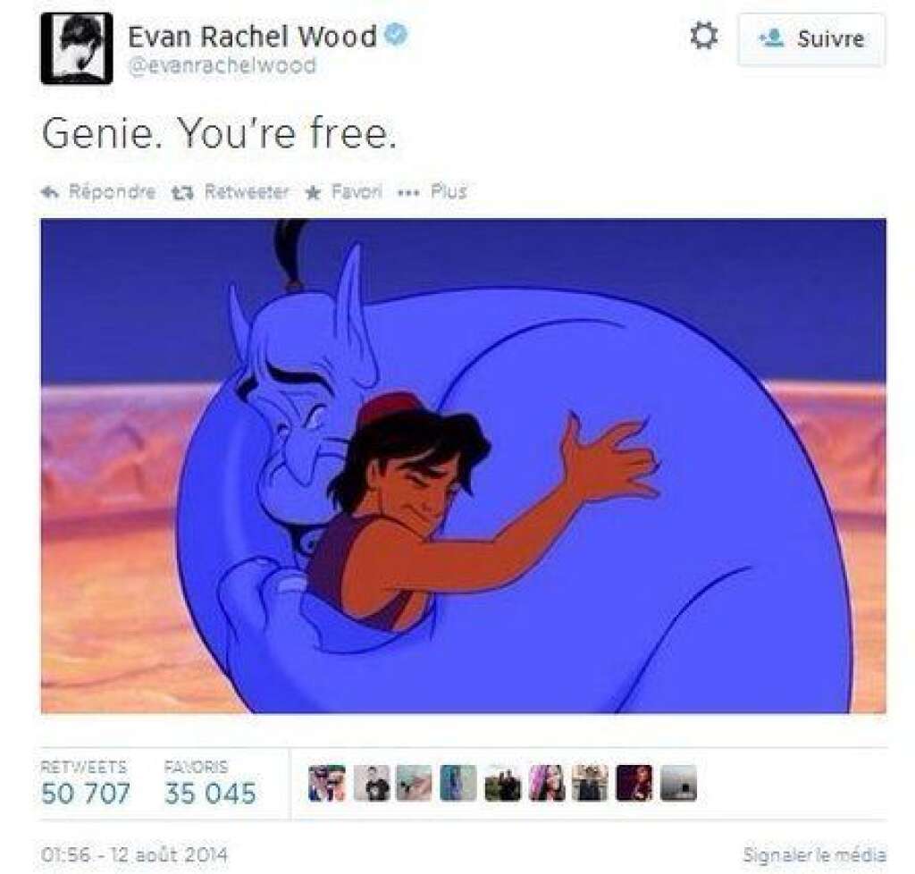 Evan Rachel Wood - "Génie! Tu es libre!"  Robin Williams était la voix du génie du dessin animé Aladdin dans sa version originale.