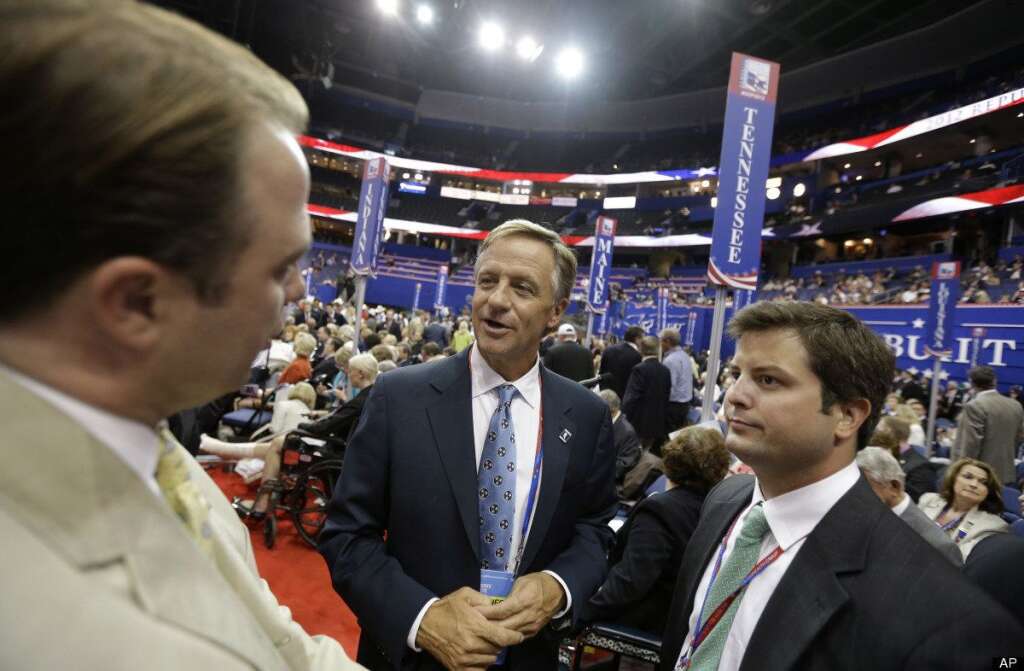 Bill Haslam - Tennessee Gov. Bill Haslam, center, talks to delegates on the floor at the Republican National Convention in Tampa, Fla., on Tuesday, Aug. 28, 2012. (AP Photo/David Goldman)