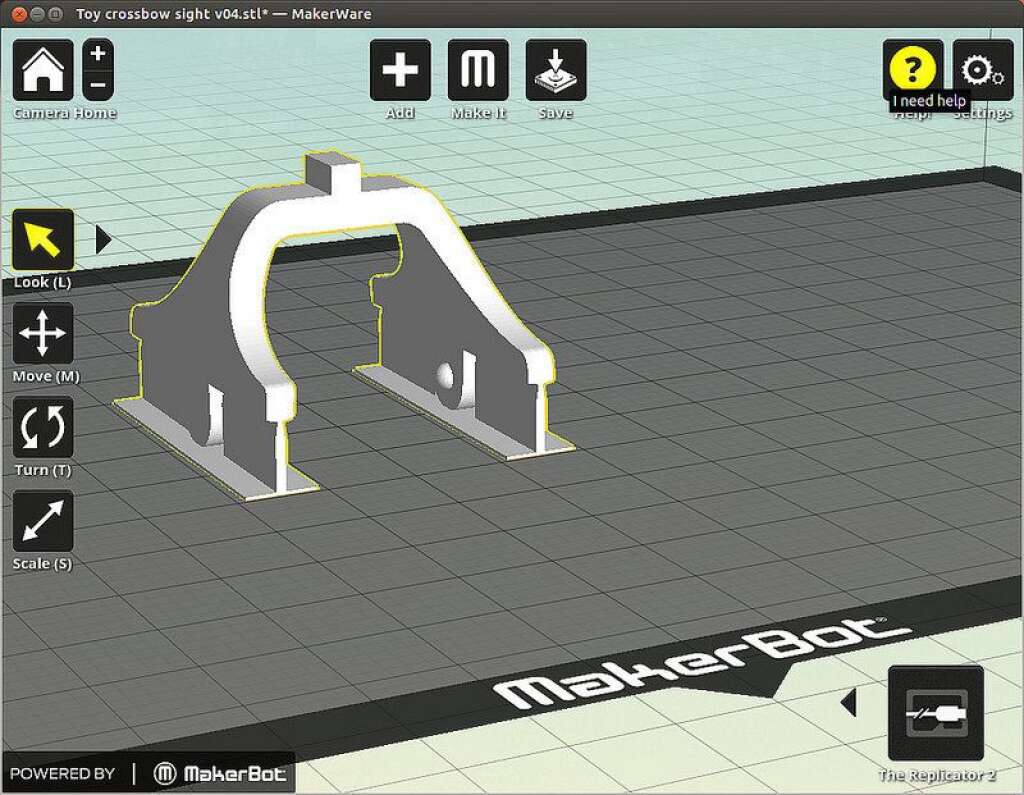 Exemple d'impression 3D - Une fois le fichier créé, il faut l'importer dans le logiciel permettant d'envoyer le fichier à l'imprimante 3D (il est en général fourni avec l'imprimante, comme MakerWare ici, qui permet d'imprimer sur les machines Makerbot)