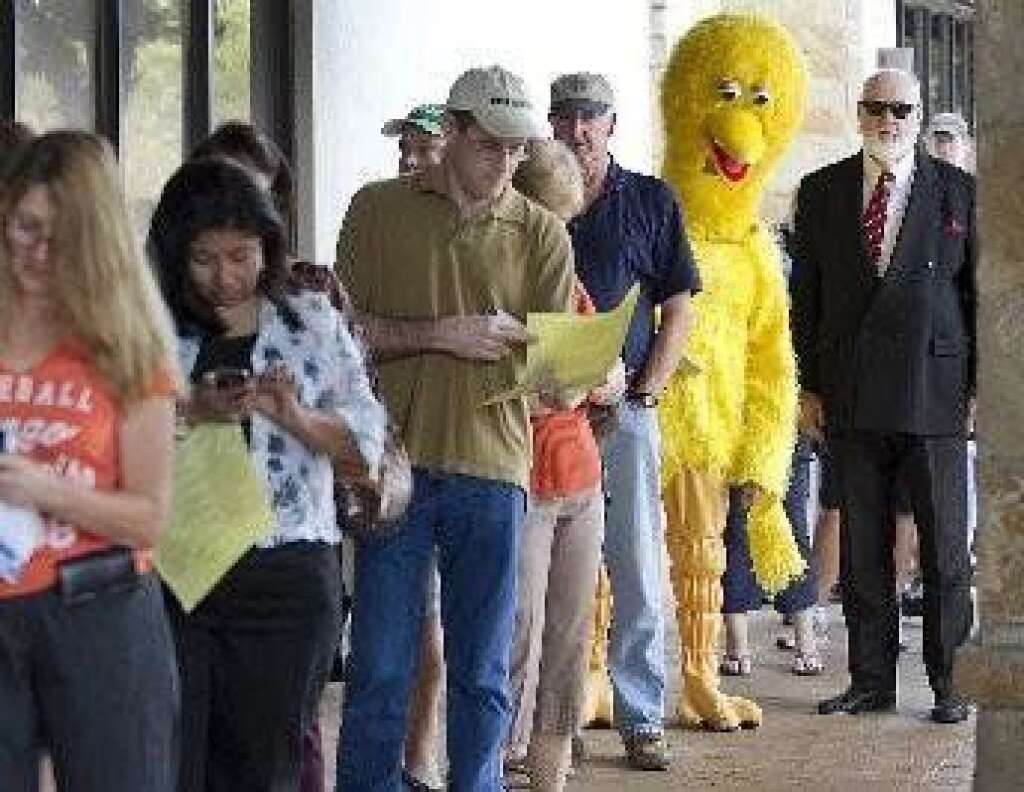 Le meilleur costume pour aller voter : Big Bird - Au Texas, un dessinateur est venu habillé en Big Bird. Pour vous rafraîchir la mémoire, un petit rappel: lors du premier débat Mitt Romney avait expliqué vouloir diminuer les subventions de la chaîne publique PBS qui diffuse le programme "Sesame Street" dont Big Bird est la star.