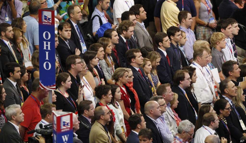 Delegates from the state of Ohio listen to Chairman of the Republican National Committee Reince Priebus during the abbreviated opening session of the Republican National Convention in Tampa, Fla., on Monday, Aug. 27, 2012. (AP Photo/Lynne Sladky)