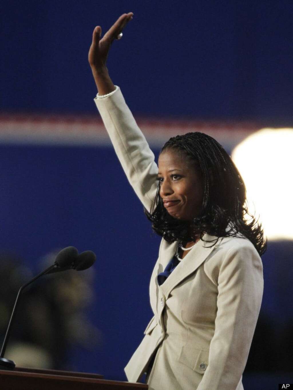 Mia Love - Mayor of Saratoga Springs, Utah, Mia Love waves to candidates following her speech during the Republican National Convention in Tampa, Fla., on Tuesday, Aug. 28, 2012. (AP Photo/Lynne Sladky)
