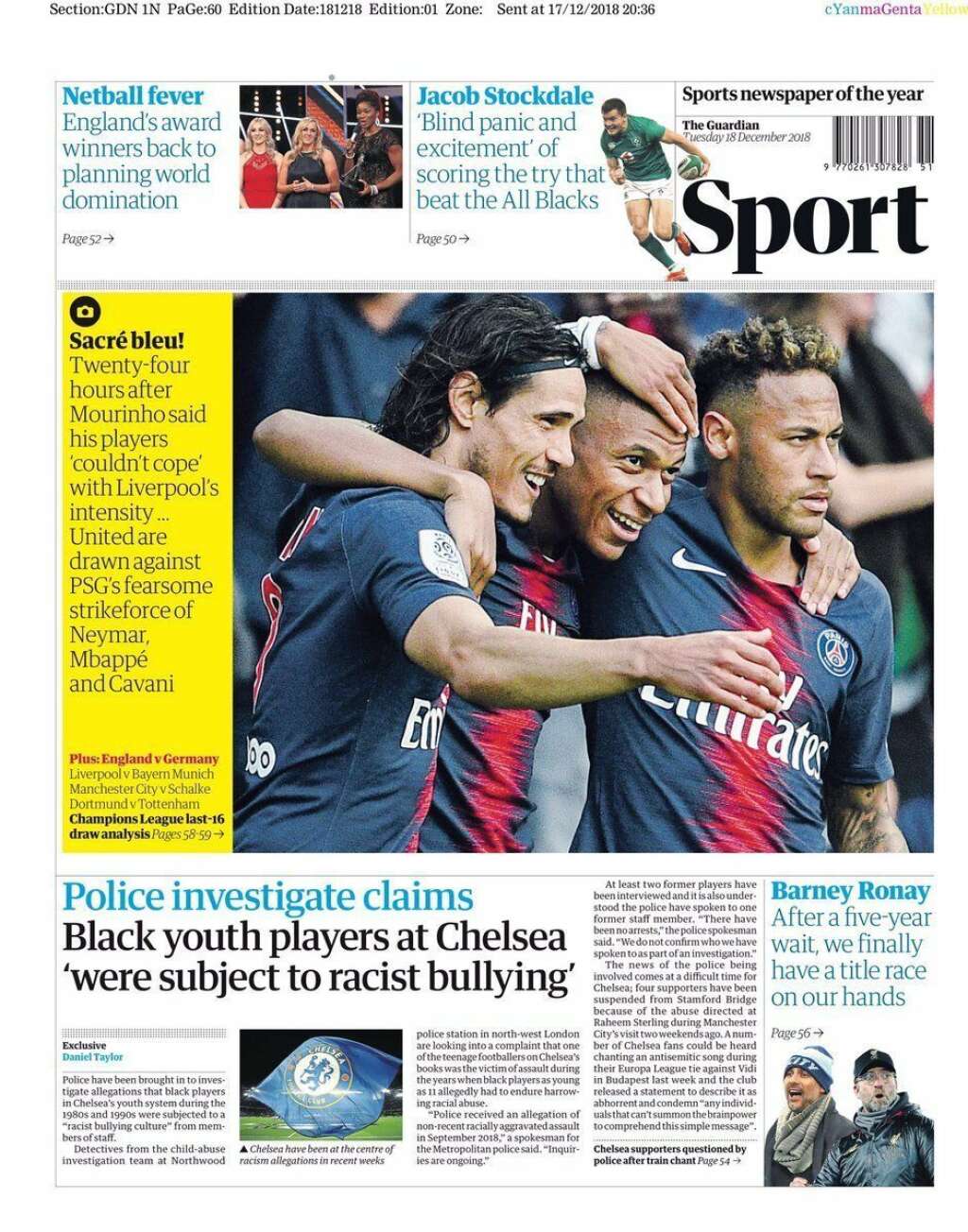 18 décembre - "The Guardian" - <p>"Sacré bleu", écrivait le <em>Guardian</em> en décembre en mettant en garde quant à la force de frappe offensive du PSG et son trio Cavani-Neymar-Mbappé.</p>  <p>Sur la pelouse d'Old Trafford, seul le dernier sera aligné ce mardi soir.</p>