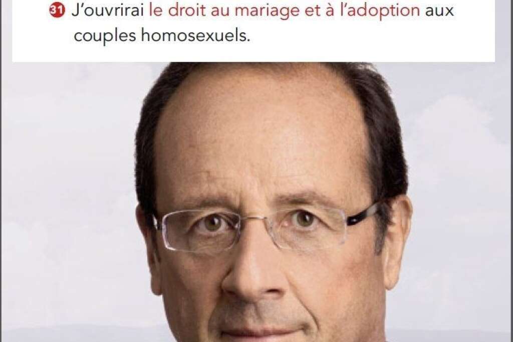26 janvier 2012: Hollande est pour le mariage, plus de trace de la PMA - Le candidat socialiste à la présidentielle inscrit cette promesse à l'article 31 de ses 60 engagements. Mais l'ouverture de la PMA aux couples lesbiens n'y figure pas.