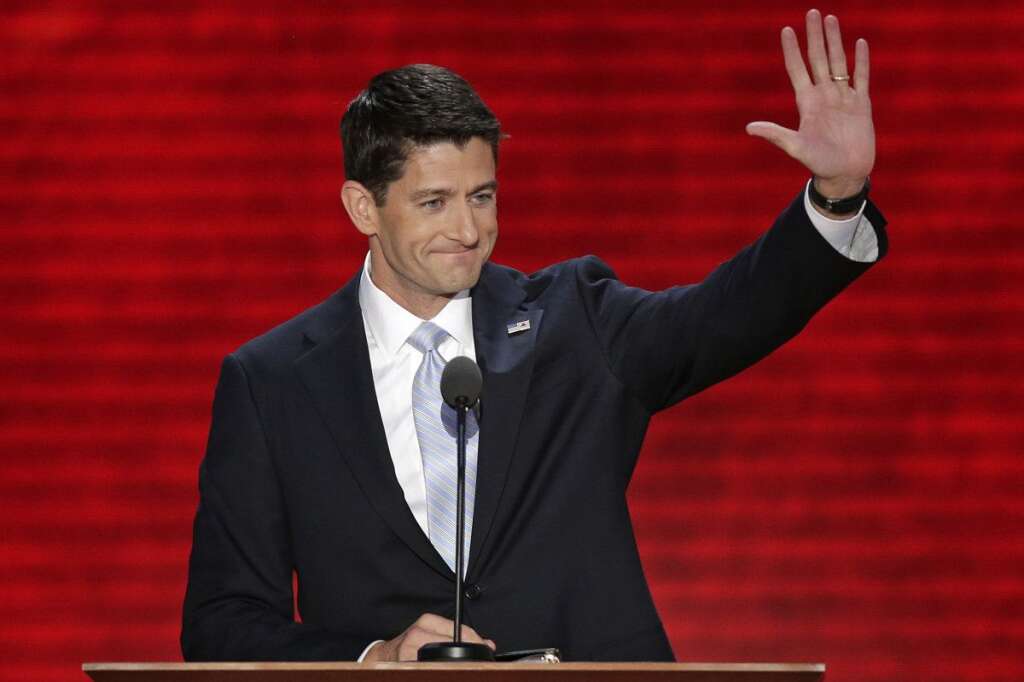 Paul Ryan - Republican vice presidential nominee, Rep. Paul Ryan waves toward the delegates during the Republican National Convention in Tampa, Fla., on Wednesday, Aug. 29, 2012. (AP Photo/J. Scott Applewhite)