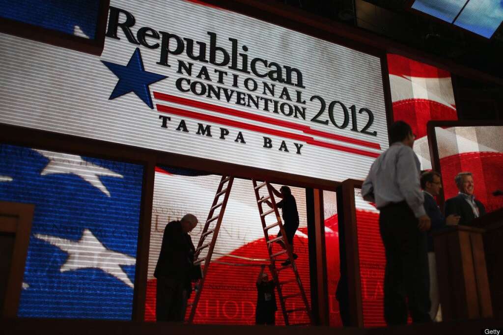 2012 Republican National Convention Delayed By Tropical Storm Isaac - TAMPA, FL - AUGUST 27:  Stage workers continue to make last-minute adjustments to the main stage at the Tampa Bay Times Forum on the abbreviated first day of the Republican National Convention August 27, 2012 in Tampa, Florida. Organizers decided to delay the start of the convention as the projected path of Tropical Storm Isaac' put the storm blowing past Tampa and into the Gulf of Mexico.  (Photo by Chip Somodevilla/Getty Images)