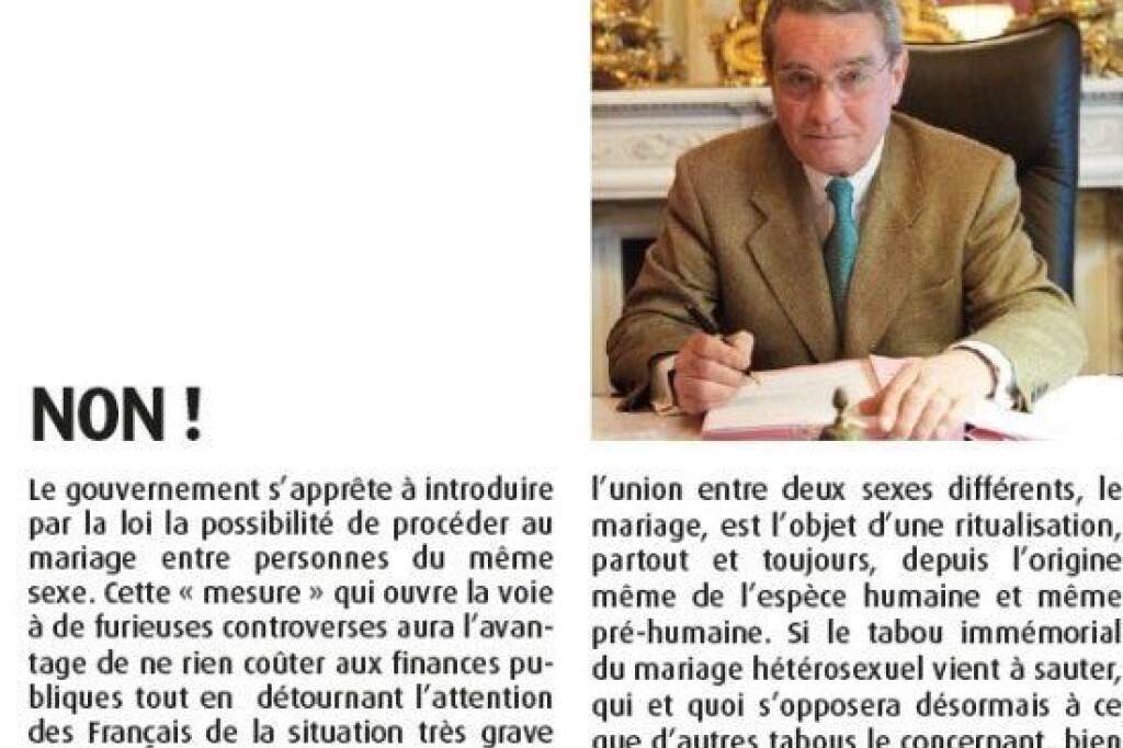 2 octobre 2012: le maire UMP du VIIIe se lâche - "Et pourquoi interdire plus avant les mariages consanguins, la pédophilie, l’inceste qui sont encore monnaie courante dans le monde?", dénonce François Lebel, maire UMP du VIIIe arrondissement de Paris. La polémique touche désormais la droite, jusqu'ici particulièrement prudente.  <strong>A REVOIR:</strong> <a href="http://www.huffingtonpost.fr/2012/10/12/elements-de-langage-mariage-gay-reactions_n_1961808.html" target="_blank">Comment s'opposer au mariage gay sans être réac</a>