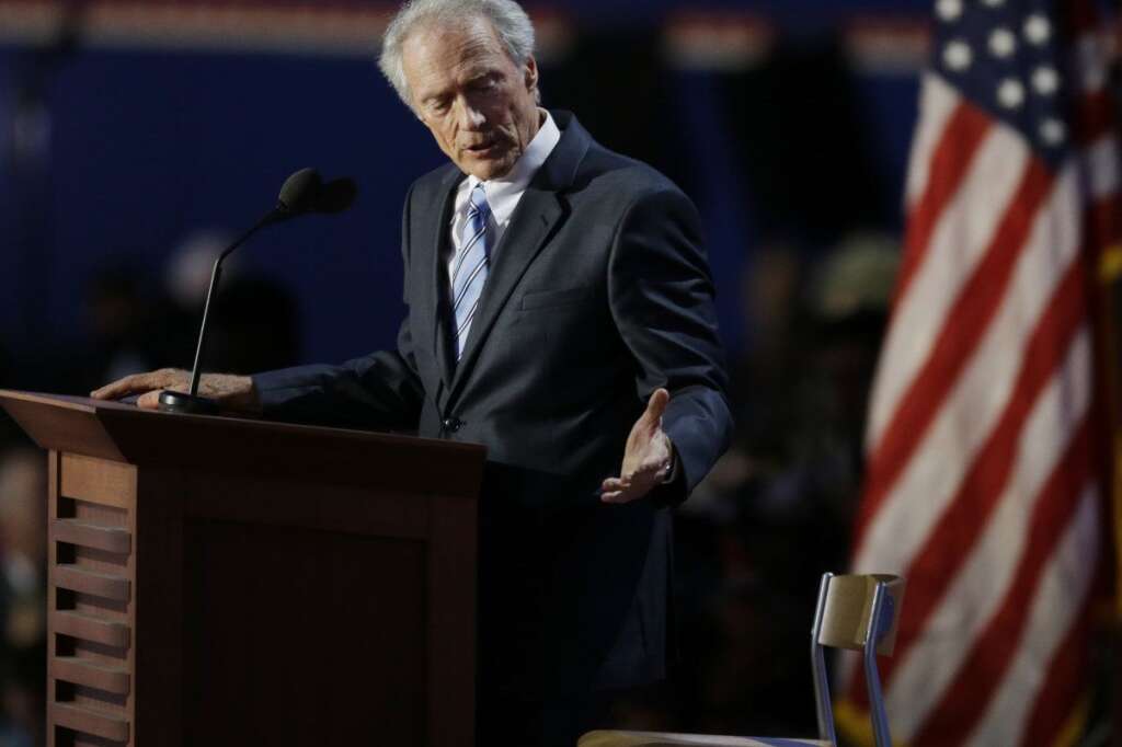 Actor Clint Eastwood speaks to an empty chair while addressed delegates during the Republican National Convention in Tampa, Fla., on Thursday, Aug. 30, 2012. (AP Photo/Lynne Sladky)