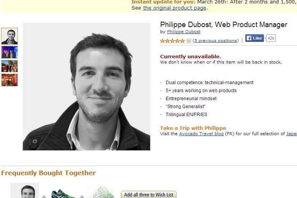 Le CV Amazon - Âgé de 28 ans, Philippe Dubost, chef de produit web a eu une idée aussi simple que géniale : présenter son CV sous la forme d'un produit sur Amazon. Identification visuelle garantie et immédiate. Pour voter pour lui ou en savoir plus sur Philippe, rendez-vous sur le site de <a href="http://www.digischool.fr/initiatives/cv-original-amazon-13696.php" target="_blank">digiSchool</a>.