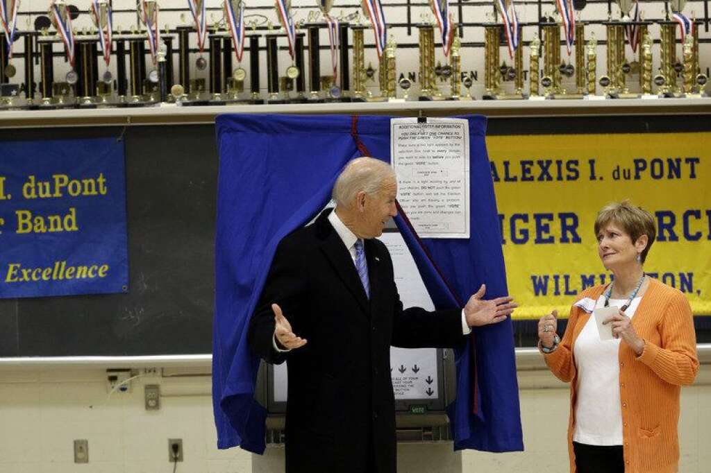 Joe Biden - Vice President Joe Biden exits a voting booth after casting his ballot at Alexis I. duPont High School, Tuesday, Nov. 6, 2012, in Greenville, Del. (AP Photo/Matt Rourke)