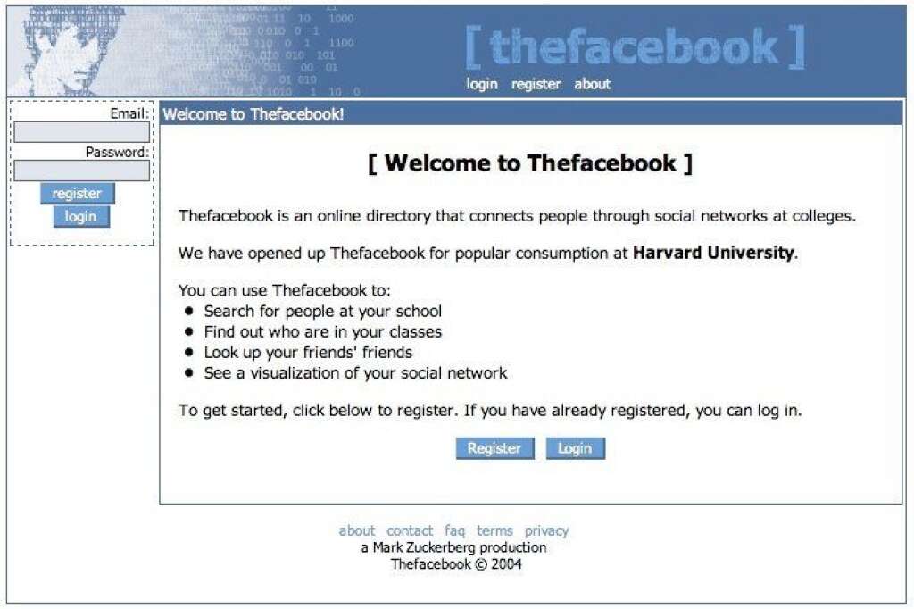 4 février 2004 : "Le" Facebook - Malgré les risques qu'il a pris avec Facemash, Mark Zuckerberg met en ligne "The Facebook", un nouveau dérivé du trombinoscope de l'université (d'ailleurs "the facebook" veut dire "le trombinoscope").  En 24 heures, le site compte déjà 1200 abonnés. Un mois plus tard, la moitié des étudiants de l'université possèdent un profil sur le réseau.