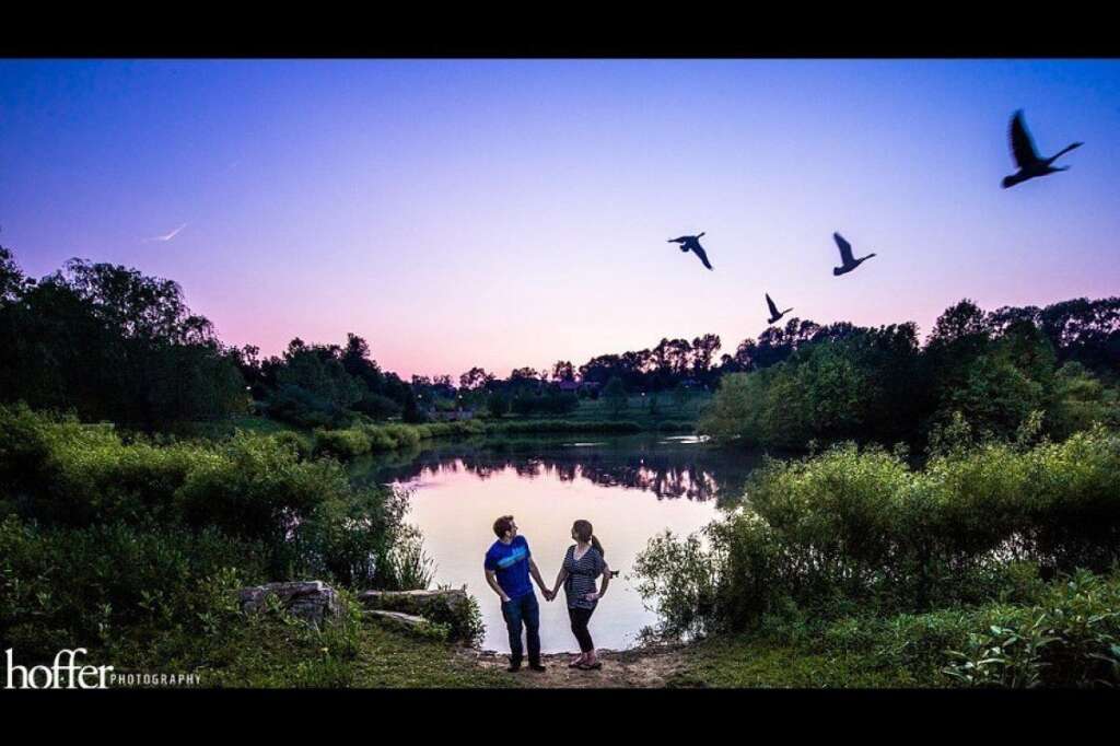 Duck, Duck, Goose - There's nothing like a gaggle of geese to mess up your engagement photo shoot mojo. If bird droppings are considered to be a lucky omen, then this couple can look forward to a very fortuitous future together.   <span style="font-size:10px;"><em>Photo Credit: <a href="http://hofferphotography.com" target="_hplink">Hoffer Photography</a></em></span>