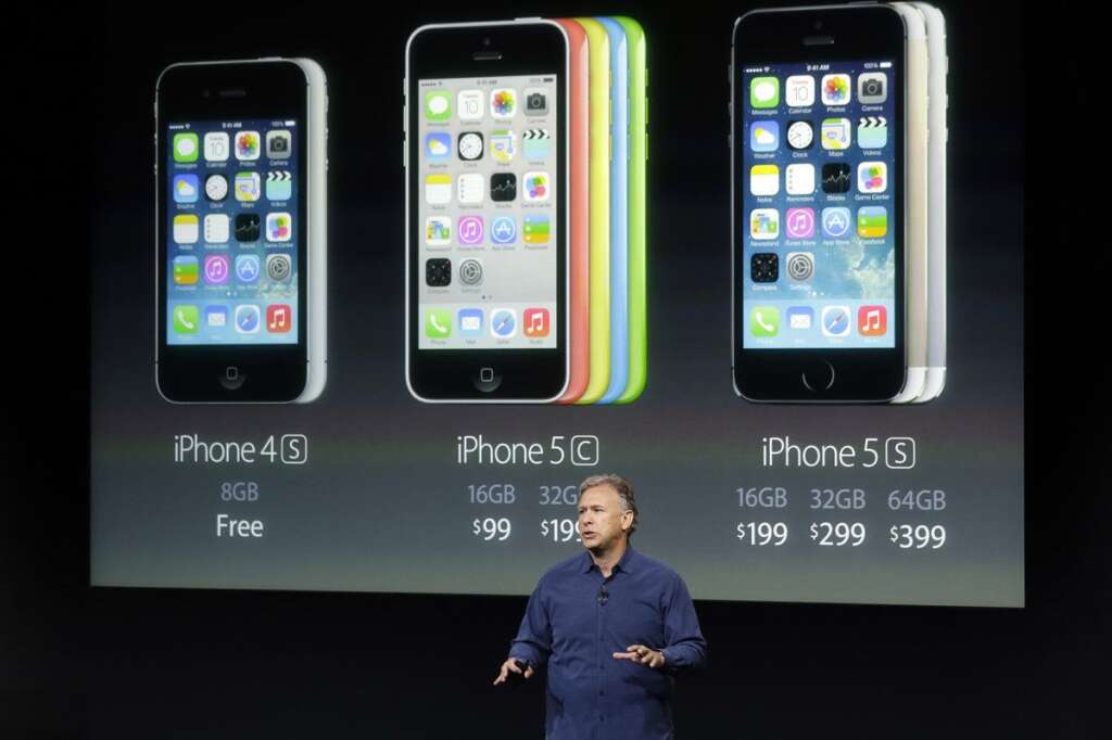 - Phil Schiller, Apple's senior vice president of worldwide product marketing, speaks on stage during the introduction of the new iPhone 5c and 5s in Cupertino, Calif., Tuesday, Sept. 10, 2013. (AP Photo/Marcio Jose Sanchez)