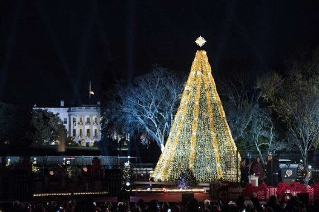 Washington D.C, Etats-Unis - Le traditionnel arbre de Noël illuminé dans le parc du National Mall, en présence de la famille Obama