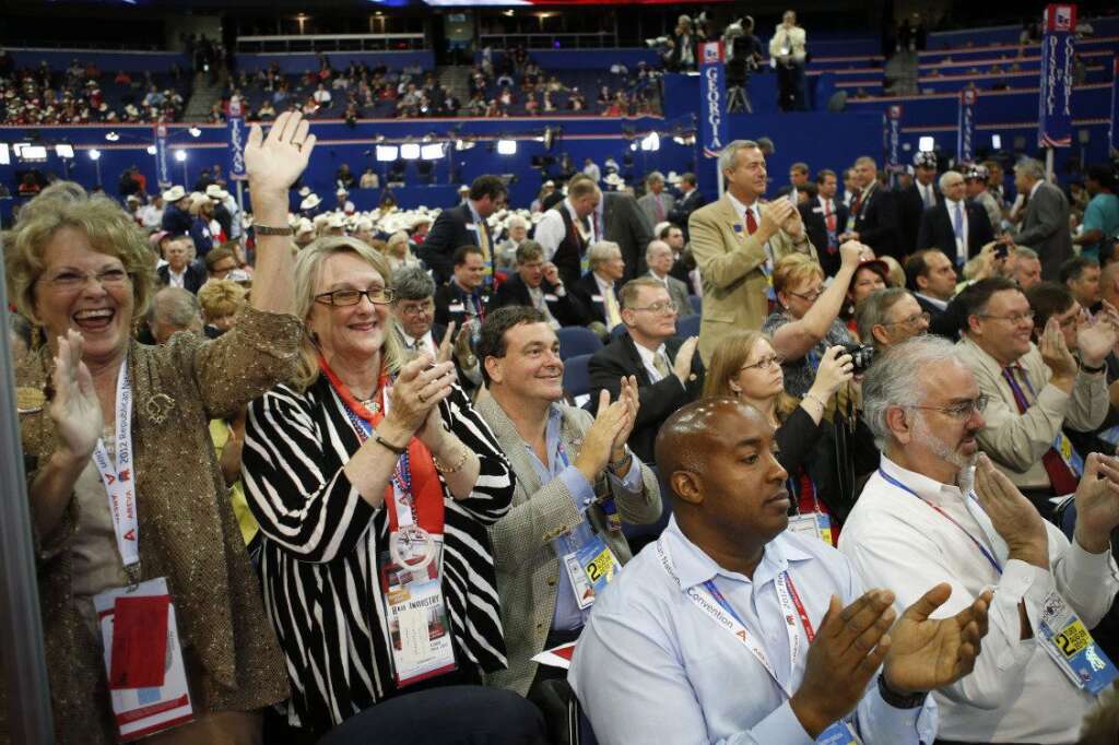 North Carolina delegates cheer during the Republican National Convention in Tampa, Fla., on Tuesday, Aug. 28, 2012. (AP Photo/Jae C. Hong)