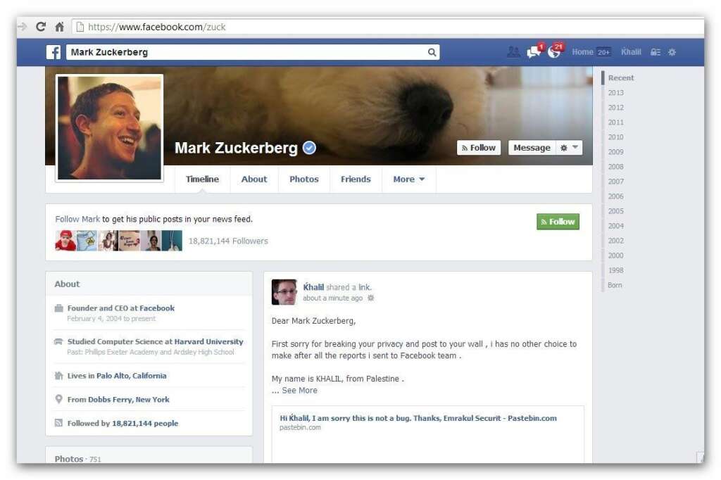 Le hacker qui a piraté le mur de Zuckerberg pour se faire entendre - Un hacker palestinien bien décidé à prouver à Facebook qu'il a découvert une faille de sécurité permettant de publier sur le mur de n'importe qui, même si vous n'êtes pas son "ami" sur le réseau social, a employé les grands moyens pour se faire entendre.  <a href="http://www.huffingtonpost.fr/2013/08/19/facebook-hacker-mur-zuckerberg_n_3778223.html" target="_blank">EN LIRE PLUS</a>