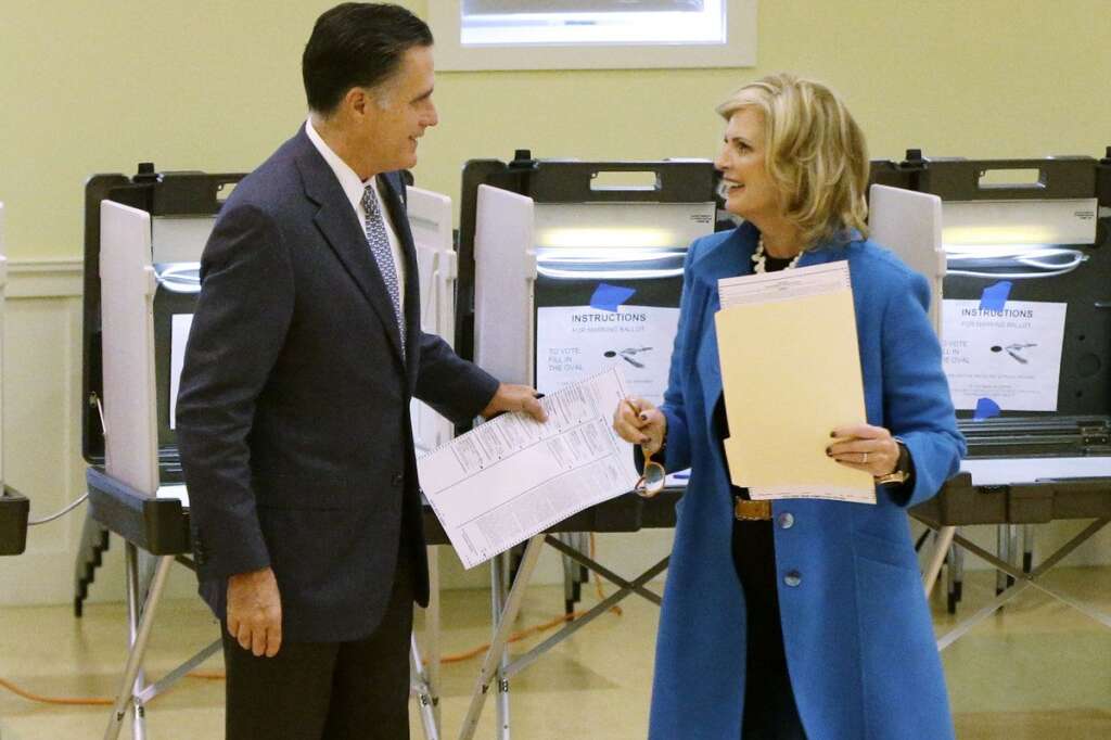 Mitt Romney, Ann Romney - Republican presidential candidate, former Massachusetts Gov. Mitt Romney, and his wife Ann Romney vote at a polling station in Belmont, Mass., Tuesday, Nov. 6, 2012. (AP Photo/Charles Dharapak)