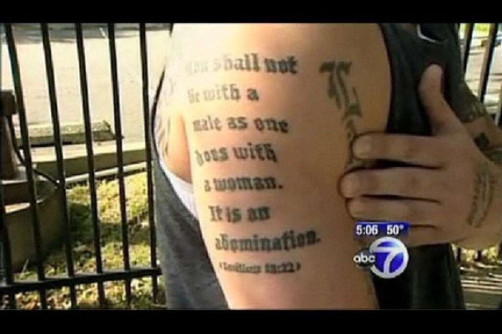Anti-Gay Bible Scripture - You know what else Leviticus says? <a href="http://bible.cc/leviticus/19-28.htm" target="_hplink">No tattoos</a>.     Also <a href="http://bible.cc/leviticus/19-27.htm" target="_hplink">no haircuts</a>.    <em><a href="http://www.youtube.com/watch?v=dF5M9v1ydh0" target="_hplink">(source)</a></em>