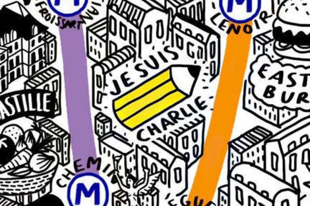- Ici l'artiste a dessiné un crayon et le slogan "Je suis Charlie"  sur le lieu de l'attentat de Charlie Hebdo. Elle explique : "Pendant que je dessinais la carte, la tragédie Charlie Hebdo a eu lieu. Je tiens à saluer les habitants de Paris pour leur bravoure et leur démonstration d'amour contre la haine".
