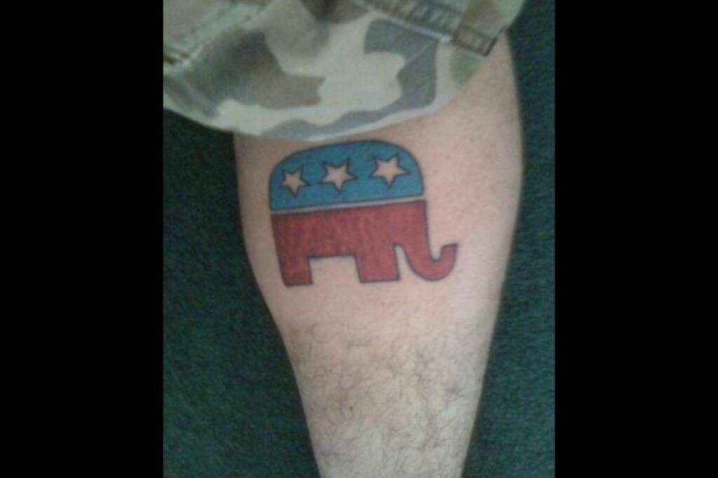 GOP Elephant - Well, would ya look at that. That's, uh, that's a tattoo. Go you.    <a href="http://www.tattoorack.com/tattoo-designs/25634-gop" target="_hplink"><em>(Tattoo Rack)</em></a>