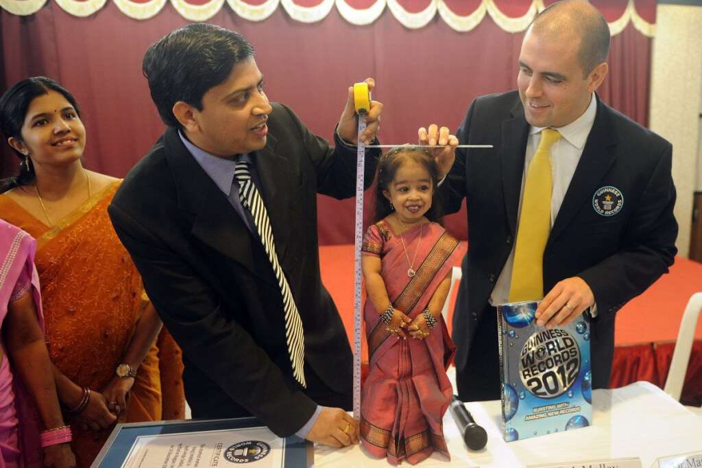 World's Shortest Woman - Guinness World Records Adjudicator Rob Molloy (R) and doctor Manoj Pahukar (2nd L) measure Jyoti Amge (C), 18, during a news conference in Nagpur on Dec. 16, 2011. Amge was officially announced by the Guinness World Records on December 16 the world's "shortest woman living (mobile)" measured as 62.8cm (24.7 inches) and will take the title from US woman Bridgette Jordan, previously held the record at 69.5 cm (27.4 in).