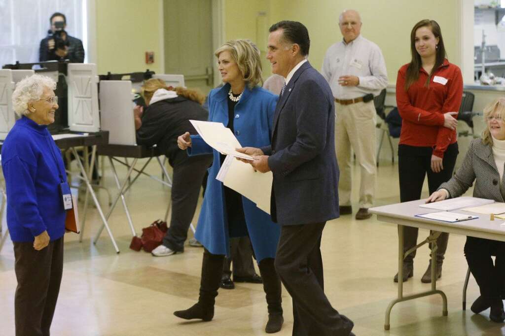 Mitt Romney, Ann Romney - Republican presidential candidate, former Massachusetts Gov. Mitt Romney and wife Ann Romney arrive to vote in Belmont, Mass., Tuesday, Nov. 6, 2012.(AP Photo/Charles Dharapak)