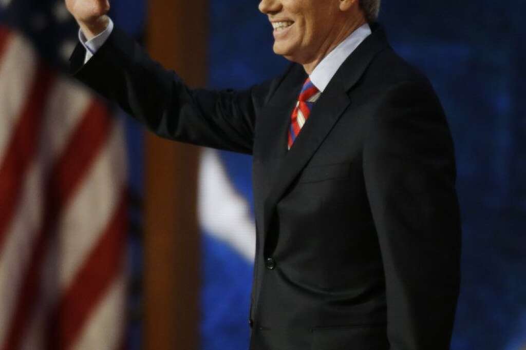 Ohio Senator Rob Portman waves to delegates before his speech during the Republican National Convention in Tampa, Fla., on Wednesday, Aug. 29, 2012. (AP Photo/Lynne Sladky)