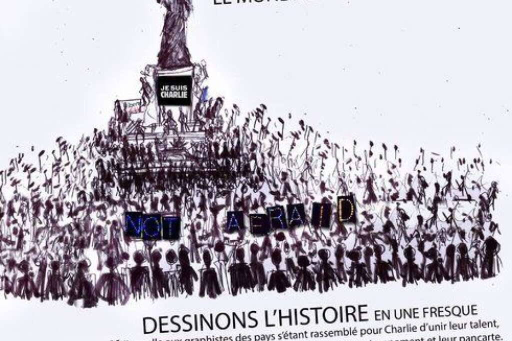 F.Marello, étudiante - "En dessinant en cours aujourd’hui, j’ai pensé à l’indifférence. Elle a disparu lorsque tous ces pays se sont levés en mémoire des nôtres ; c’est donc une pensée adressée à tous ces étrangers qui me vient à l’esprit durant ce dessin et ce serait avec fierté que cette illustration ne reste pas française. J’appelle aux graphistes des pays s’étant rassemblé pour Charlie d’unir leur talent, de la compléter avec leur foule, leur monument et leur pancarte. Ainsi rebondissons de ce drame en déployant notre créativité, car l’art dans chacune de ses formes éveille les consciences.  Et si vous faîtes parties des personnes comme moi qui pensent perdre confiance en l’homme de par sa bestialité, regardez cette fresque. L’humanité et tout ce qui fait sa civilisation répondra toujours présente, elle se montre quand les agresseurs fuient et ne répondent plus de leur actes, choisissant de se terrer. Mais nous, ensemble, nous ne nous tairons plus jamais."  F.Marello, une étudiante dont la candidature de stage à Charlie Hebdo a été refusée, et qui leur en sera à jamais reconnaissante.