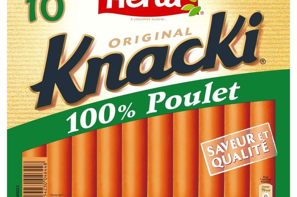 Saucisses - Entreprise : Nestlé France Rayon : Charcuterie réfrigérée Le produit : Knacki 100% poulet de Herta Les points à retenir : Une recette moins grasse que des Knacki  de porc.