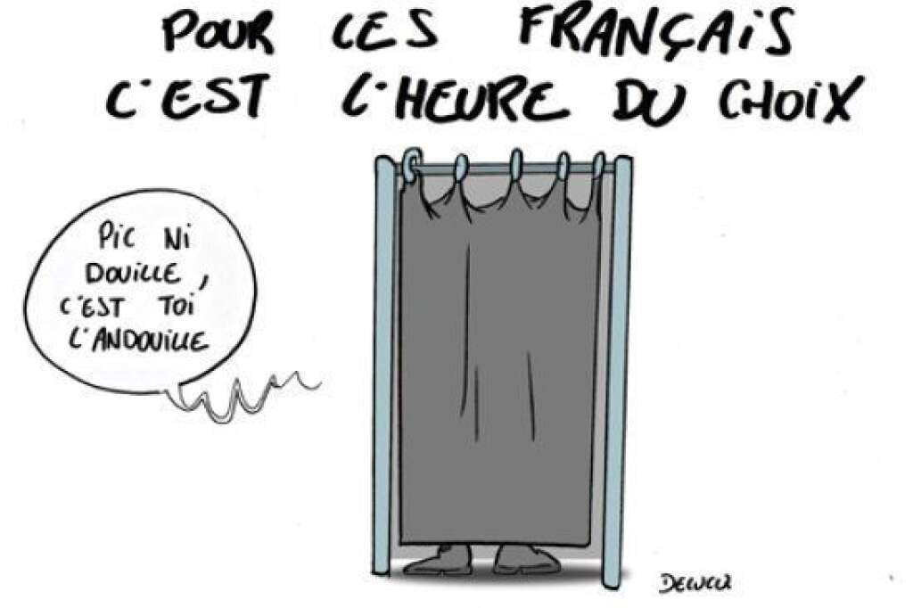 Le Jour J - Xavier Delucq - 22 Avril: Sarkozy en retard, poussée de Le Pen, Hollande devant: la journée en dessins  <a href="http://www.huffingtonpost.fr/xavier-delucq/sarkozy-en-retard-poussee_b_1444182.html#s893641&title=Dans_lisoloir_les">Lire le billet</a>