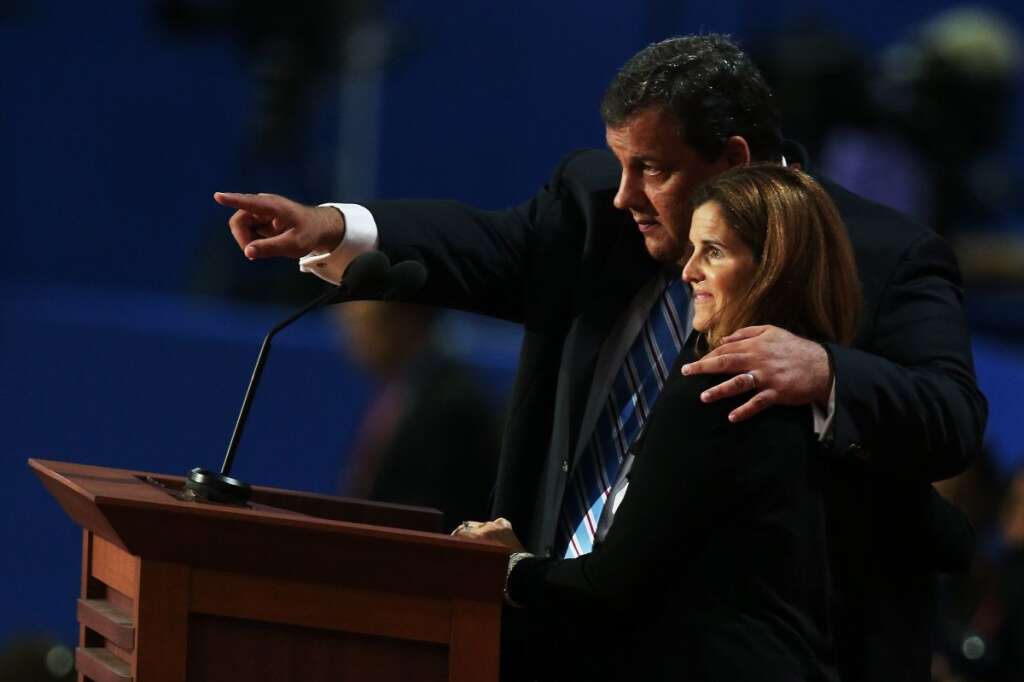 2012 Republican National Convention: Day 2 - TAMPA, FL - AUGUST 28:  New Jersey Gov. Chris Christie, who will give the keynote address and his wife Mary Pat Christie stand on stage for a soundcheck during the Republican National Convention at the Tampa Bay Times Forum on August 28, 2012 in Tampa, Florida. Today is the first full session of the RNC after the start was delayed due to Tropical Storm Isaac.  (Photo by Scott Olson/Getty Images)
