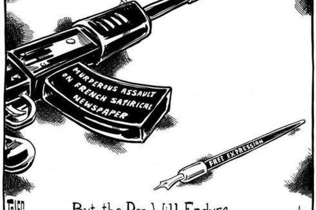 Tom Toles, dessinateur du Washington Post - "Assaut meurtrier contre un journal satyrique français".  "Liberté d'expression".  "Mais le stylo supportera".  "Et la ligne se dessinera".