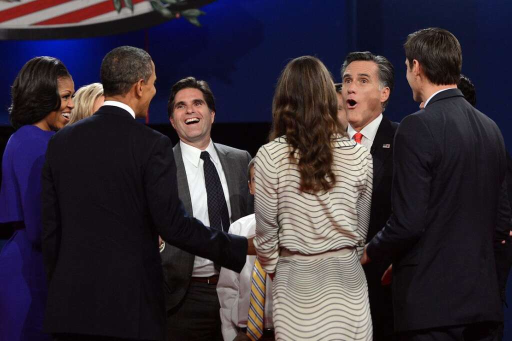 US-VOTE-2012-DEBATE - US President Barack Obama (2n-L) and First Lady Michelle Obama (L) join Republican Presidential candidate Mitt Romney (2nd-R) and his family at the conclusion of the first presidential debate on October 3, 2012 in Denver, Colorado.    AFP PHOTO / SAUL LOEB        (Photo credit should read SAUL LOEB/AFP/GettyImages)