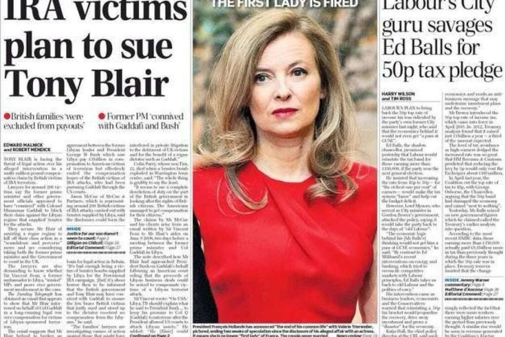 The Sunday Telegraph - Le journal britannique privilégie une photo de Valérie Trierweiler seule avec le titre "The first lady is fired" (la Première dame est virée).
