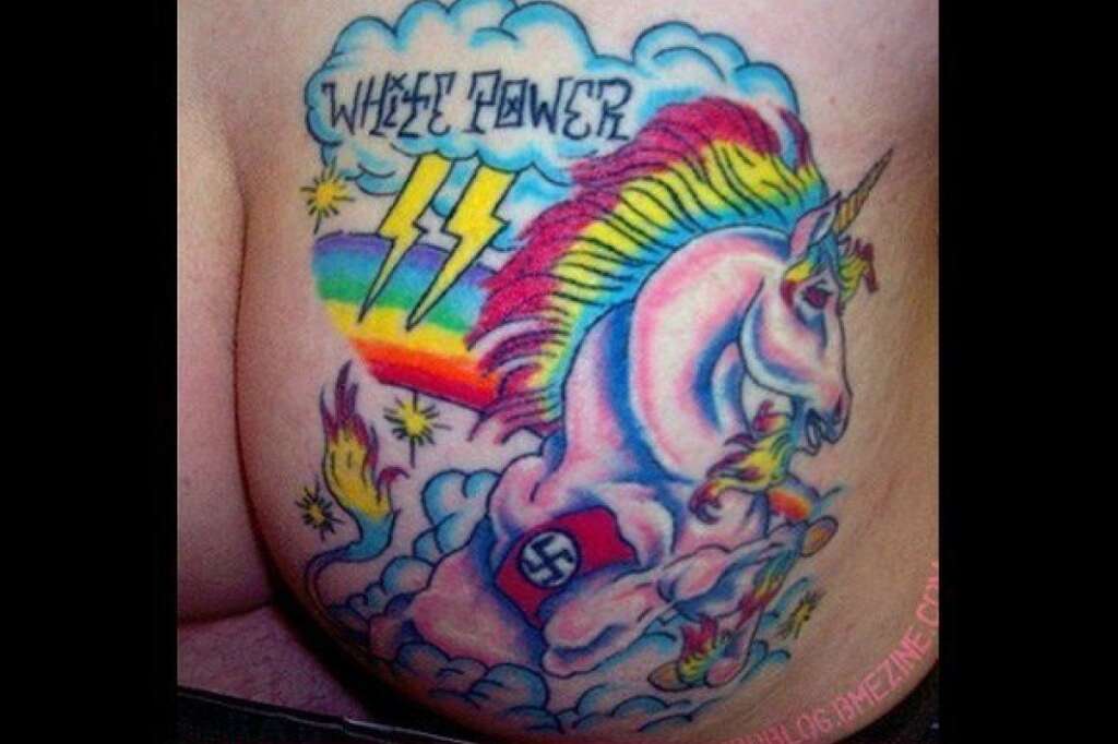 White Power Unicorn? - This is one confused racist.    <a href="http://ugliesttattoos.failblog.org/2012/02/08/funny-tattoos-nazi-rainbow-ponies-are-the-worst/" target="_hplink"><em>(Ugliest Tattoos)</em></a>
